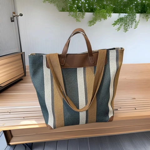 Borsa Tote A Righe Grande Capacità Tela Intrecciata Vintage Casual Borsa A Spalla Donna Con Finiture In Pelle