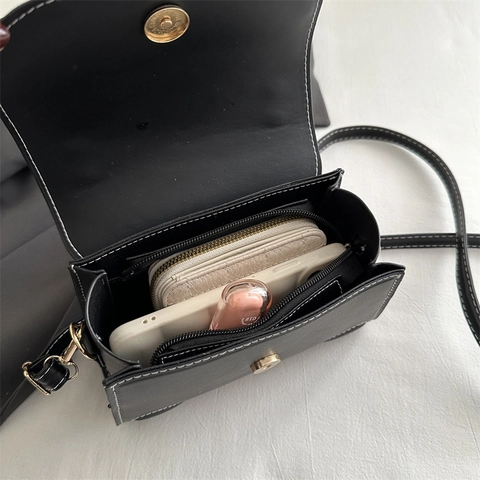Women PU Leather Crossbody Bag With Contrast Stitching Top Handle Adjustable Strap Mini Square Handbag French Style