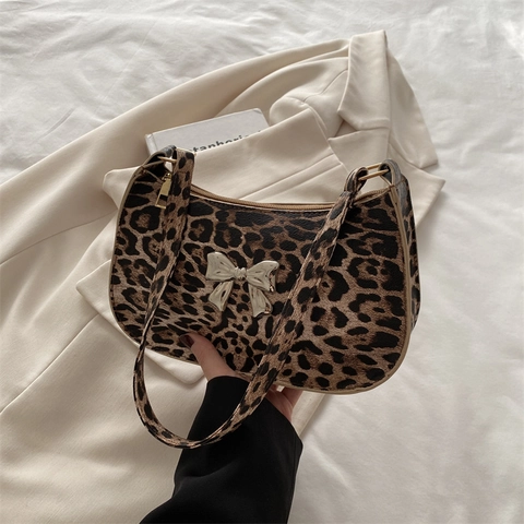 Leopard Print Underarm Bag Vintage PU Leather Shoulder Bag With Metal Bow Decor Crossbody Handbag For Women