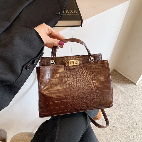 Women Crocodile Pattern Handbag PU Leather Retro Crossbody Bag Golden Twist Lock Fashion Commuting Shoulder Purse