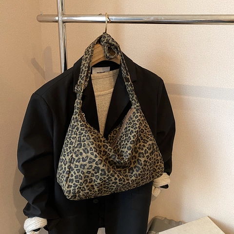 Sac Bandoulière En Toile À Imprimé Léopard Grande Capacité Style Hobo Bandoulière Réglable Fourre-tout Décontracté