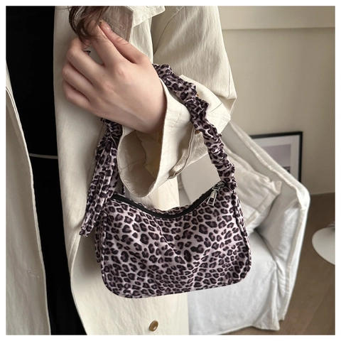 Dames Luipaardprint Ondertotas Stof Crescent Hobo Schoudertas Met Geplooide Handgreep Strikdecoratie Mode Dagelijkse Handtas