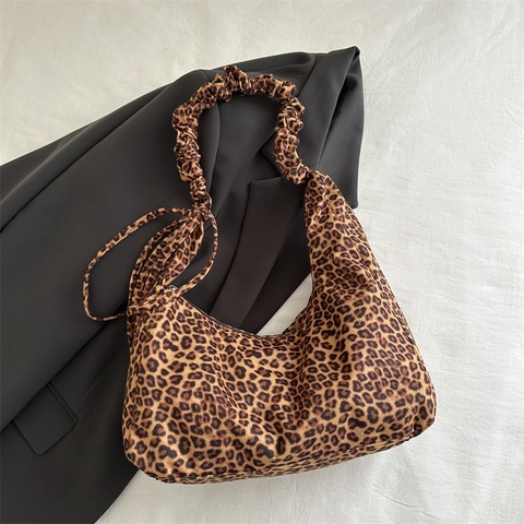 Borsa A Spalla Hobo Stampa Leopardata Nylon Grande Capacità Tracolla Arricciata Fiocco Decorativo Casual Tendenza