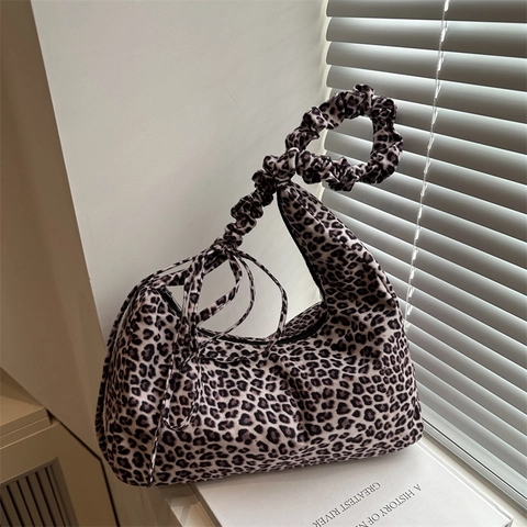 Women's Fashion Leopard Print Underarm Bag Korean Ruched Strap Hobo Shoulder Bag Lightweight Nylon Handbag For Daily Use
