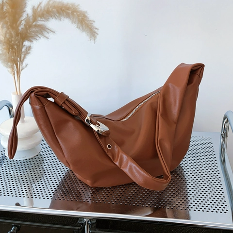 Women Half Moon Hobo Bag PU Leather Large Capacity Minimalist Adjustable Shoulder Strap Solid Color Crossbody Bag