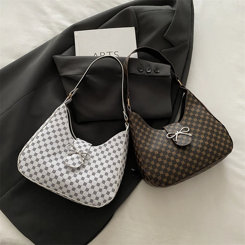 Retro Monogram Print Underarm Hobo Bag For Women PU Leather Vintage Crescent Shoulder Bag With Bow Metal Buckle