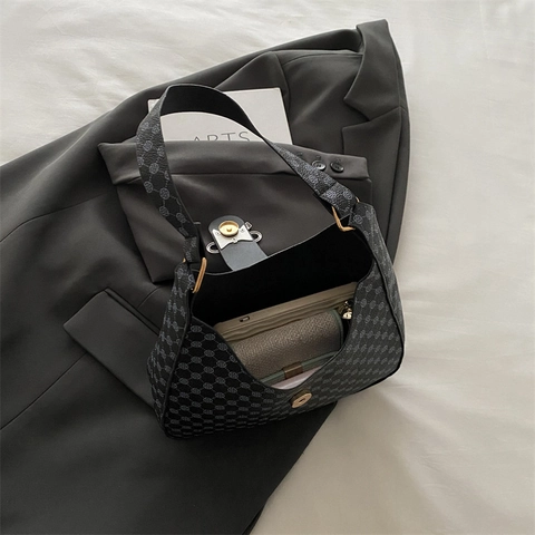 Retro Monogram Print Underarm Hobo Bag For Women PU Leather Vintage Crescent Shoulder Bag With Bow Metal Buckle