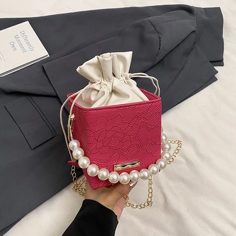 Damen Eimer Tasche PU Leder Elegant Spitze Mit Künstliche Perlengriff Kordelzug Umhängetasche Mode Handtasche