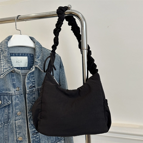 Women Nylon Shoulder Bag Scrunched Strap Pleated Hobo Underarm Purse With Drawstring Bow Casual Minimalist