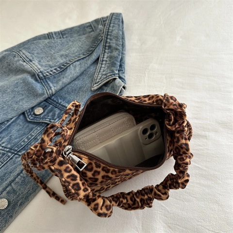 Bolso Hobo Con Estampado De Leopardo Asa Fruncida Lazo Bolso De Hombro De Moda Para Mujeres Estilo Retro