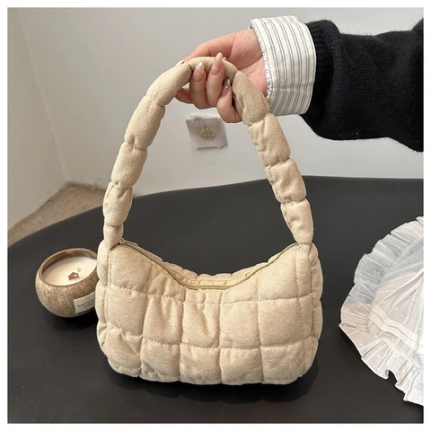 Women Puffy Quilted Underarm Bag Solid Color Padded Hobo Handbag Lightweight Soft Shoulder Bag Korean Style