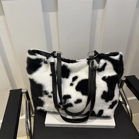 Cow Print Plush Tote Bag Faux Fur Shoulder Handbag Soft Warm Winter Fashion For Women Casual Underarm Bag
