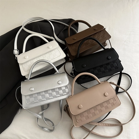 Chic Women PU Leather Crossbody Bag Checkerboard Pattern Small Square Handbag With Top Handle Adjustable Strap Flap