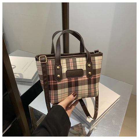 Bolso Bandolera Retro A Cuadros Para Mujer Mini Bolso De Tela Con Correa De Cuero Ajustable Y Remaches Dorados