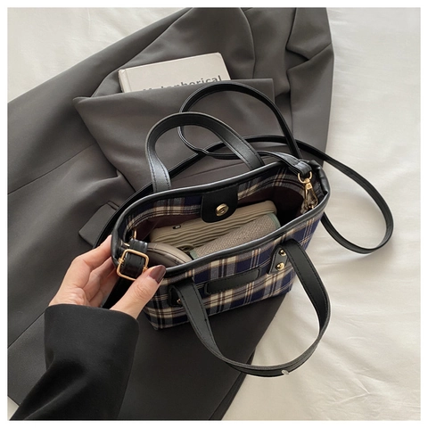 Women Retro Plaid Crossbody Bag Fabric Mini Tote Handbag With Adjustable Leather Strap And Gold Rivets Commuter Style