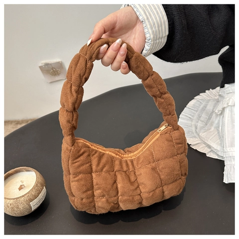 Bolso De Hombro Acolchado Para Mujer Bolso De Mano Acolchado De Tela Suave Bolso De Axila Color Sólido Hobo Elegante