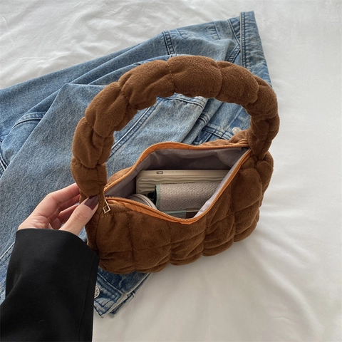 Bolso De Hombro Acolchado Para Mujer Bolso De Mano Acolchado De Tela Suave Bolso De Axila Color Sólido Hobo Elegante