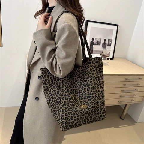 Borsa Tote Leopardata Donna Grande Capacità Tela Borsa A Tracolla Moda Retrò Per Pendolari Viaggi Etichetta Fatta A Mano