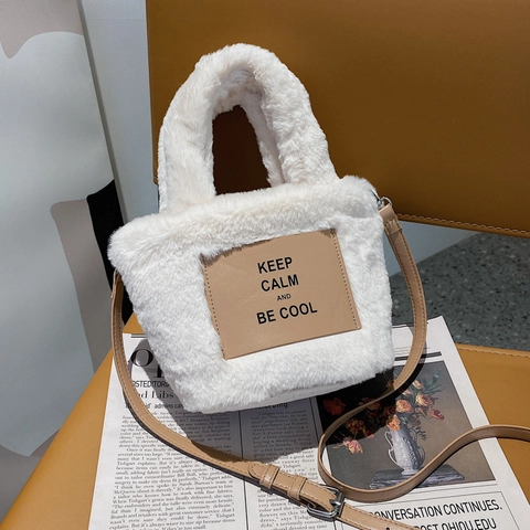 Women Plush Faux Fur Handbag Small Square Crossbody Bag With Adjustable Strap Autumn Winter Retro Letter Print Tote