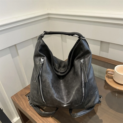 Vintage PU Leather Backpack Large Capacity Minimalist Shoulder Bag For Women Commute Travel Fashion Multi Functional