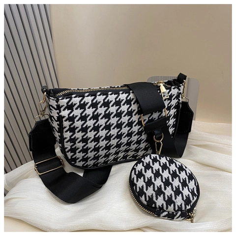 Fashion Houndstooth Women Underarm Bag With Mini Coin Purse Vintage PU Fabric Shoulder Crossbody Bag For Daily Work Travel
