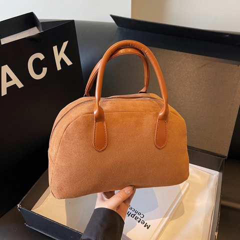 Vintage Suede Boston Handbag Women Minimalist Niche Design Matte PU Leather Top Handle Commuter Bag Half Round Zipper