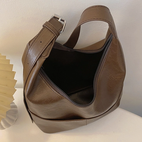 Large Capacity Women PU Leather Hobo Bag Vintage Minimalist Adjustable Shoulder Tote For Daily Commuting Office