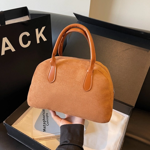 Vintage Suede Boston Handbag Women Minimalist Niche Design Matte PU Leather Top Handle Commuter Bag Half Round Zipper