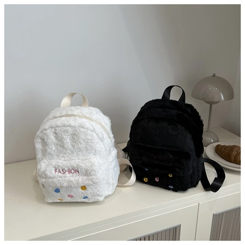 Mini Zaino in Morbido Peluche Ecopelliccia Ricamo Lettere Moda Puntini Colorati Piccola Borsa da Viaggio per Donna Ragazza Casual