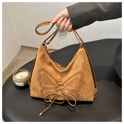 Borsa Tote In Camoscio Con Lacci A Farfalla Da Donna Grande Capacità Vintage Urban Borsa A Tracolla
