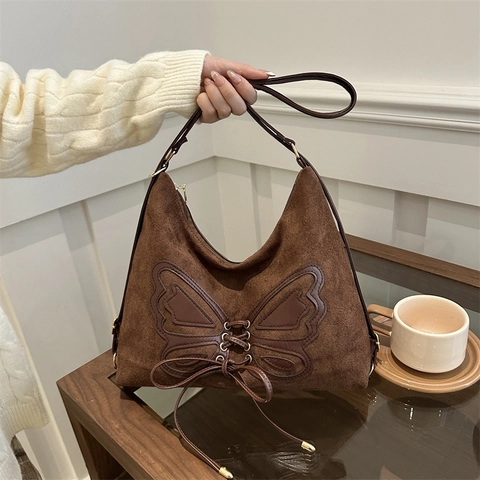 Sac À Dos Multi Usage Femme Sac À Épaule Texture Daim Papillon Laçage Vintage Urbain Commute Mode Hobo Tote