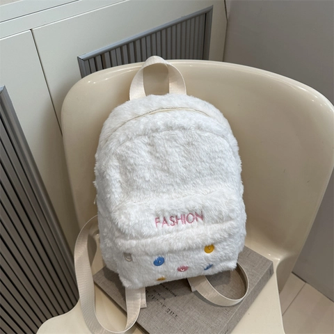Women Mini Plush Backpack Cute Faux Fur Small Rucksack With Fashion Letter Embroidery Colorful Buttons Daily Travel