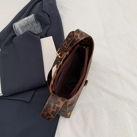 Sac Sous Le Bras Imprimé Léopard Femmes Cuir PU Rétro Sac À Épaule Hobo Bag Avec Fermoir Métallique Doré Mode