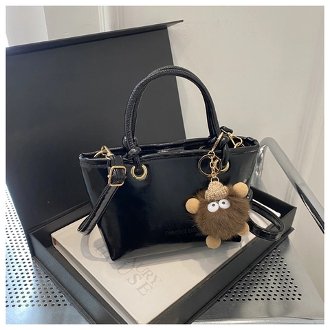 Women Glossy PU Leather Crossbody Bag Mini Tote Handbag With Furry Monster Pendant Casual Fashion Retro Shoulder Purse