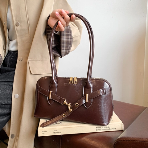 Borsa A Spalla Retro Sottoascella Pelle PU Lucida Grande Capacità Chiusura A Cerniera Borsa A Mano Commuter Vintage Per Donne