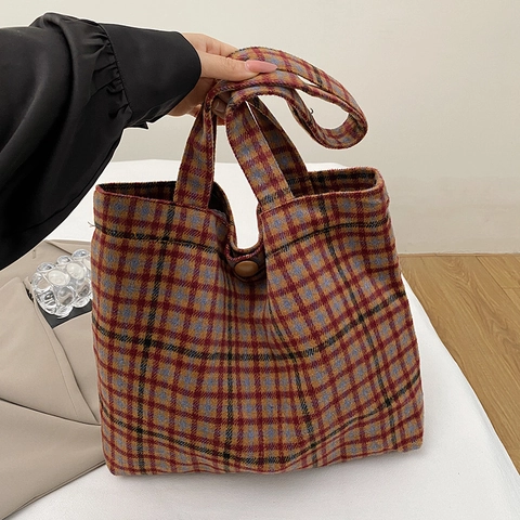 Women Large Capacity Plaid Tote Bag Woolen Fabric Vintage Grid Pattern Shoulder Bag Casual Versatile Everyday Handbag
