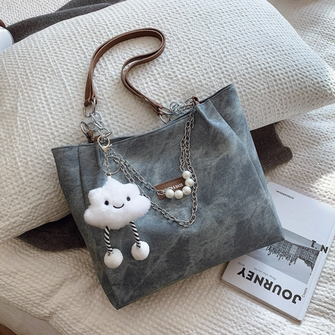 Borsa Tote Grande Da Donna Texture Tela Lavata Pelle PU Con Catena Di Künstliche Perle E Ciondolo A Nuvola Borsa A Spalla Retrò