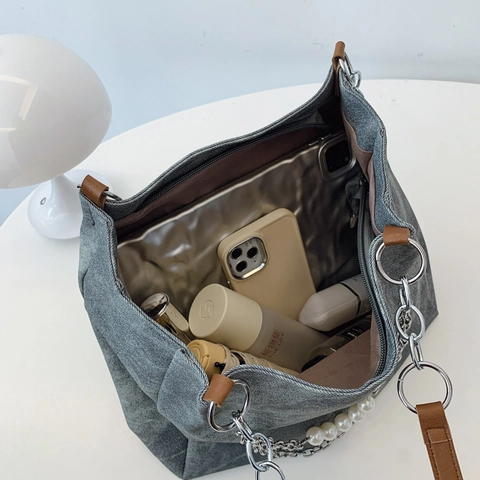 Borsa Tote Grande Da Donna Texture Tela Lavata Pelle PU Con Catena Di Künstliche Perle E Ciondolo A Nuvola Borsa A Spalla Retrò