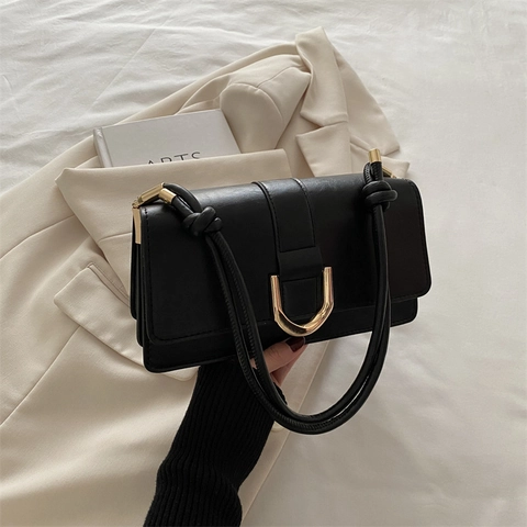 Vintage PU Leren Dames Schoudertas Met U-Vormige Metalen Gesp Knoopdecor Minimalistische Retro Flip Crossbody Tas