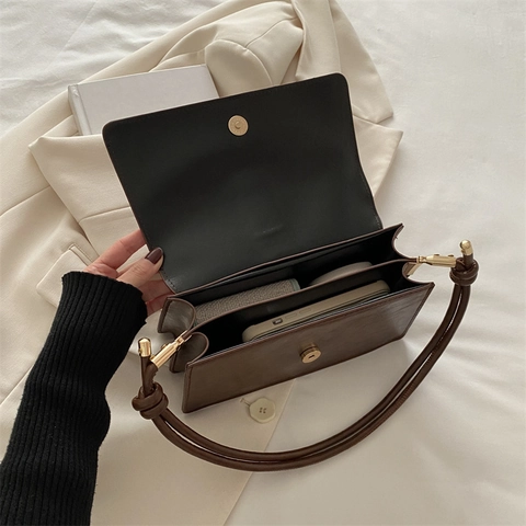 Vintage PU Leren Dames Schoudertas Met U-Vormige Metalen Gesp Knoopdecor Minimalistische Retro Flip Crossbody Tas