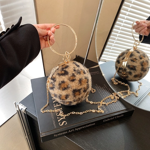 Sac À Main Sphérique Imprimé Léopard Pour Femme Peluche Fausse Fourrure Sac À Bandoulière Rond Chaîne Poignée Anneau Strass