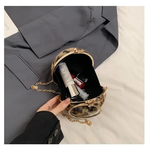 Sac À Main Sphérique Imprimé Léopard Pour Femme Peluche Fausse Fourrure Sac À Bandoulière Rond Chaîne Poignée Anneau Strass