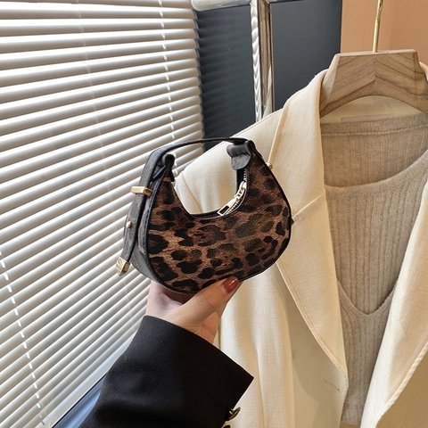 Damen Hobo Tasche Mit Leopardenmuster Sichelform Achseltasche Retro Trendy Kunstleder Goldene Beschläge Reißverschluss