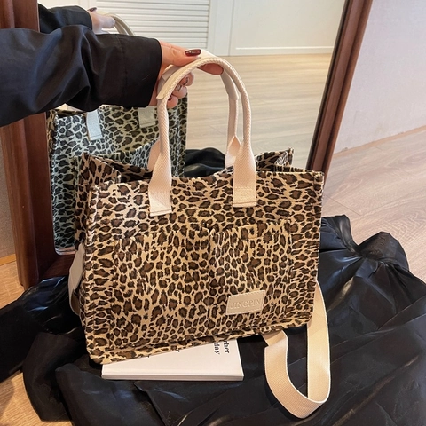 Bolso Tote De Lona Con Estampado De Leopardo Gran Capacidad Bolso De Mano Bandolera Con Correa Ajustable Moda Para Mujer