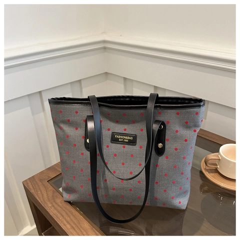 Damen Große Kapazität Tote Bag Leinwand Polka Dot Herz Muster Schulter Handtasche Für Pendeln Freizeit Mit Reißverschluss