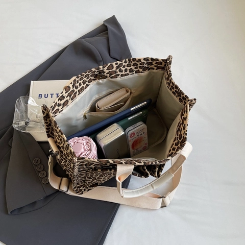 Bolso Tote De Lona Con Estampado De Leopardo Gran Capacidad Bolso De Mano Bandolera Con Correa Ajustable Moda Para Mujer