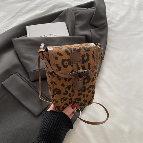Borsa A Tracolla Per Telefono Leopardata Donna Nylon Texture Camoscio Mini Borsa Quadrata Con Bottone Alamaro