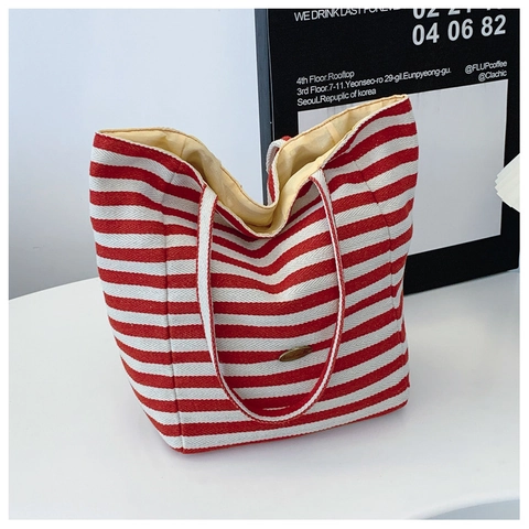 Große Kapazität Damen Gestreifte Canvas Tote Bag Casual Fashion Schultertasche Mit Handmade Metal Label Für Täglichen Gebrauch