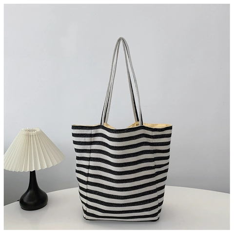Große Kapazität Damen Gestreifte Canvas Tote Bag Casual Fashion Schultertasche Mit Handmade Metal Label Für Täglichen Gebrauch