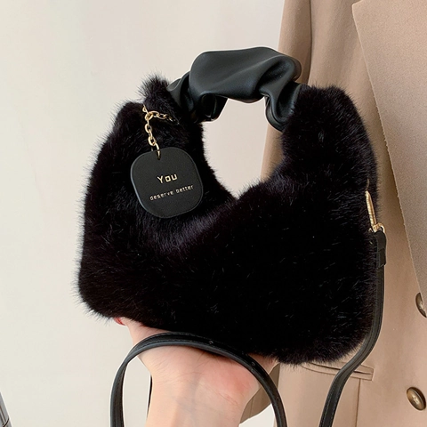 Damen Plüsch Kunstfell Hobo-Tasche Mit Plissiertem Ledergriff Buchstabenanhänger Herbst Winter Mode Umhängetasche Handtasche